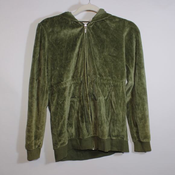 Army Green Velour Zip Up Jacket With Waist Cinching - Picture 1 of 2